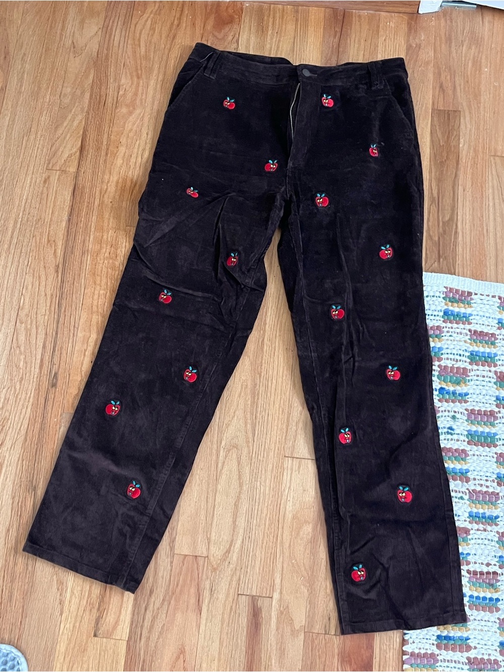Lazy Oaf Black Corduroy Pants with Red Apple Embroideries